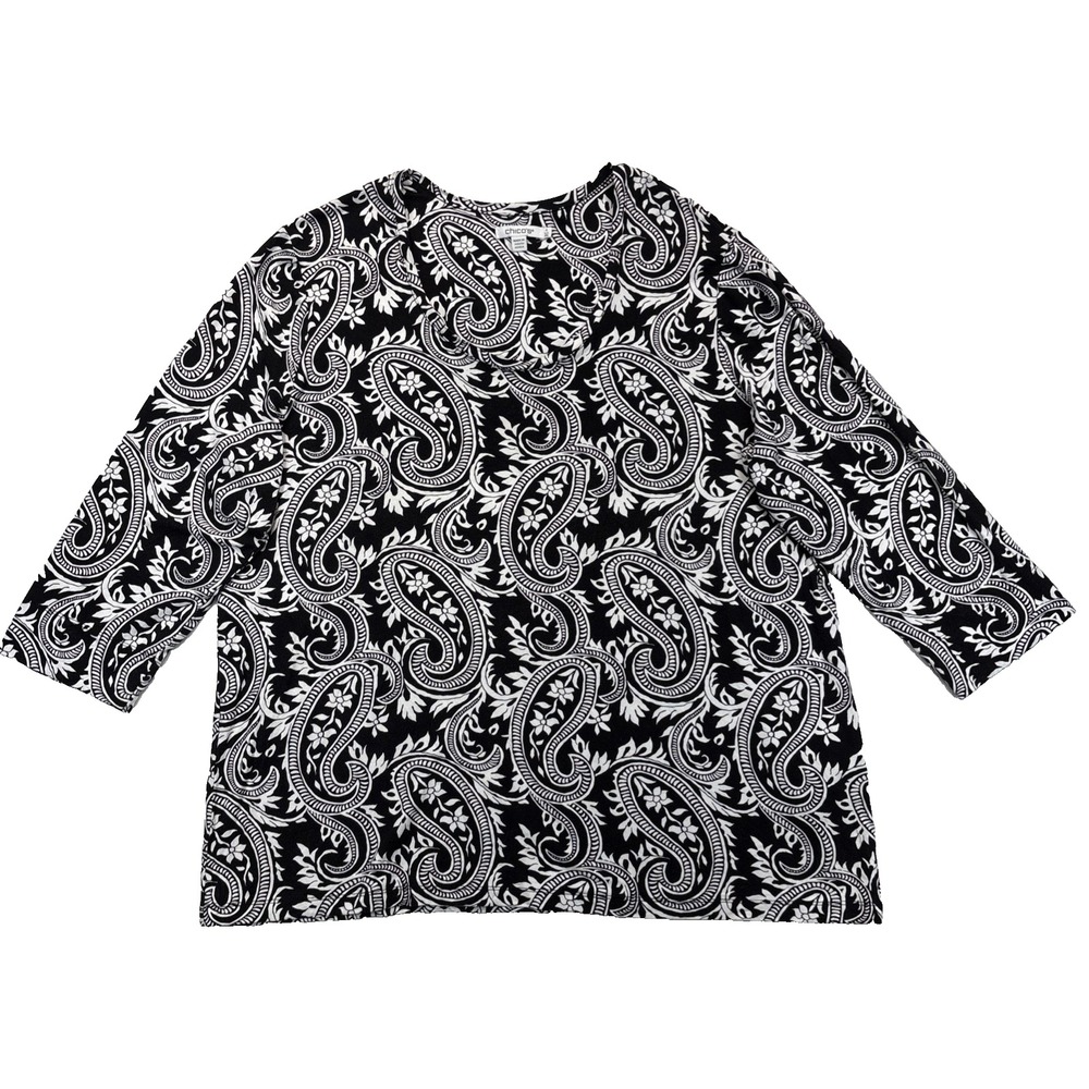 Chico's Womens Sz 4 XXL Black White Paisley Boho Top 3/4 Sleeve Blouse